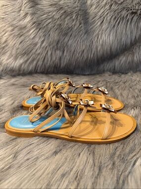 Valentina Rangoni Women's Tan & Blue Floral Strappy Sandals Size 9 & 1/2”